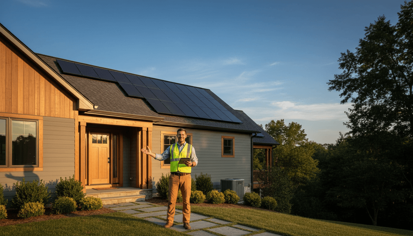 Professional contractor presenting a home with roofing, solar panels, and HVAC improvements visible
