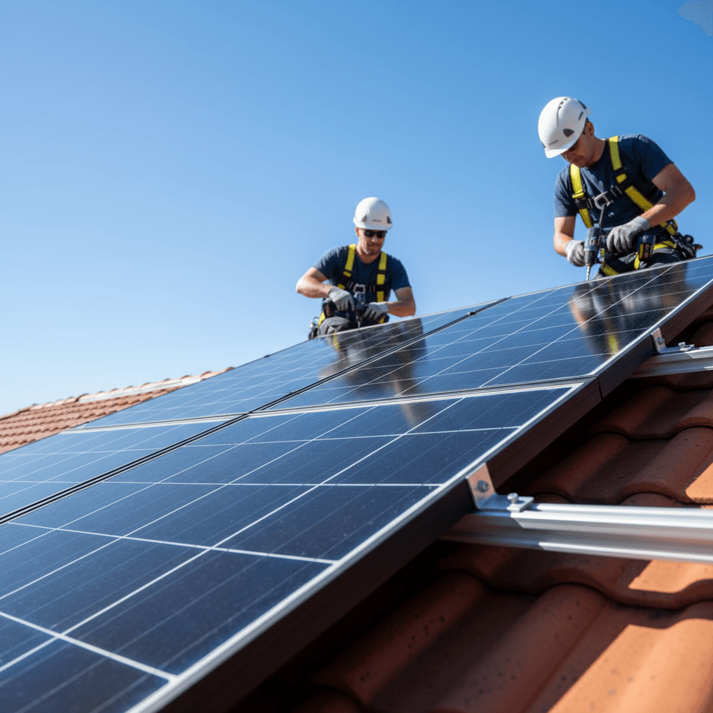 Solar panel installation on residential roofing