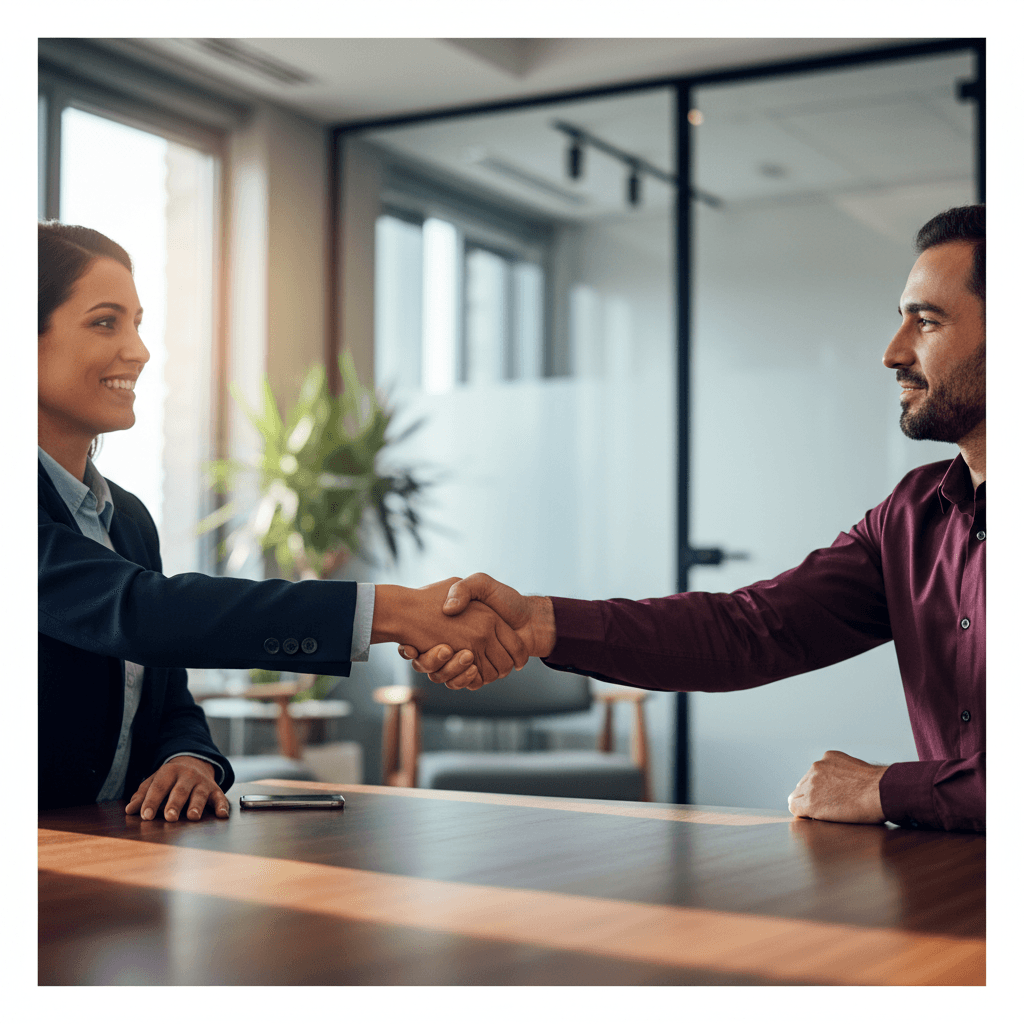 Two professionals shaking hands in a bright, modern office environment symbolizing partnership and trust