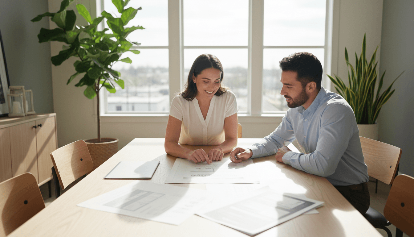 Professional contractor and homeowner reviewing property improvement plans together at a wooden table