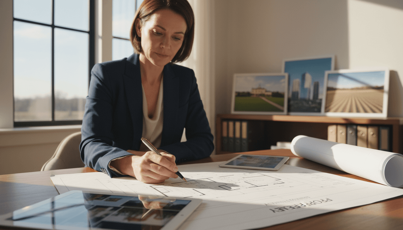 Professional reviewing property plans and documents in a modern office setting