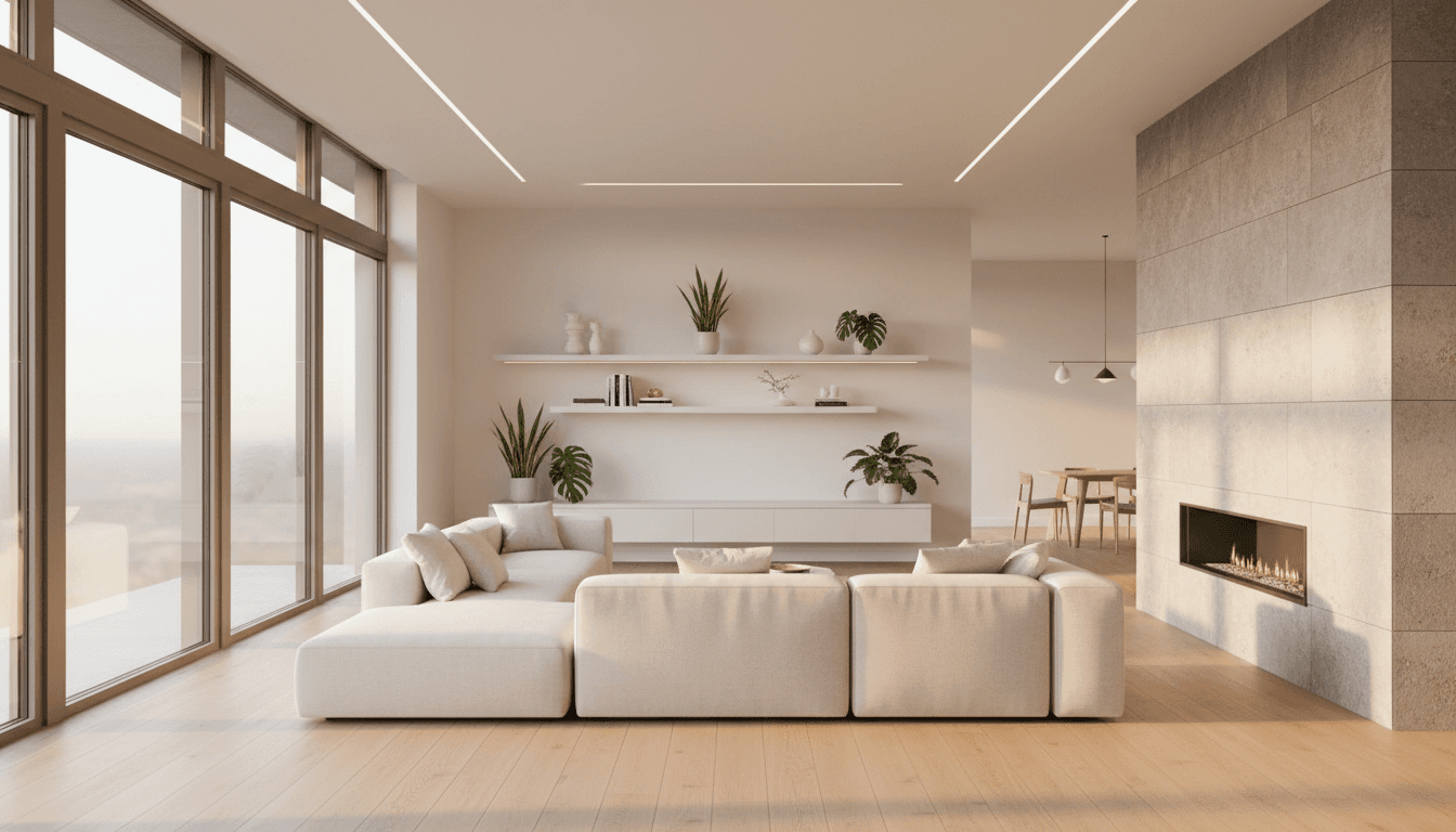Contemporary consultation space with property plans and documents on a modern desk near large windows overlooking a residential property