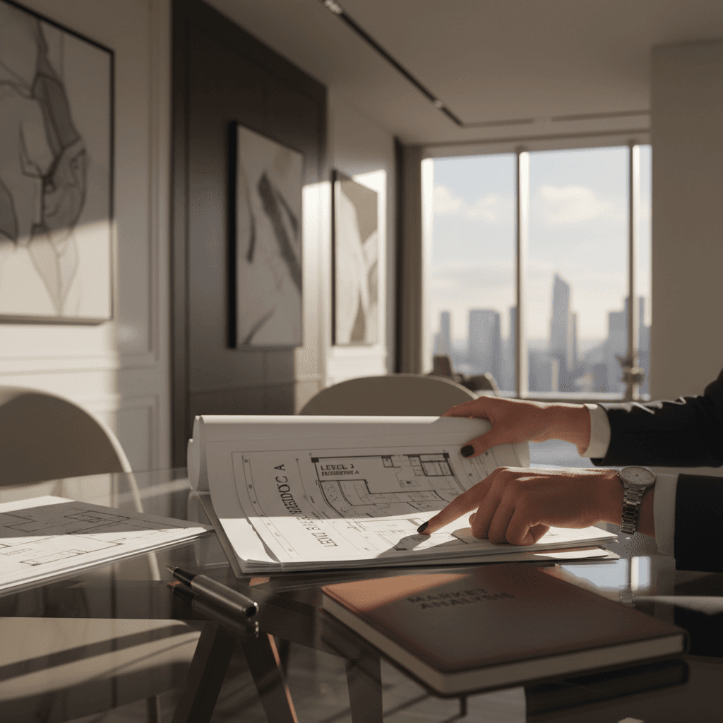 Property advisor reviewing renovation blueprints at desk