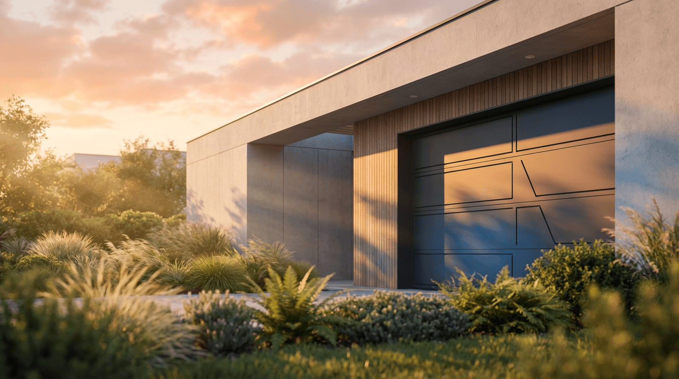 Modern Alexandria home exterior with welcoming entrance and professional landscaping in golden light