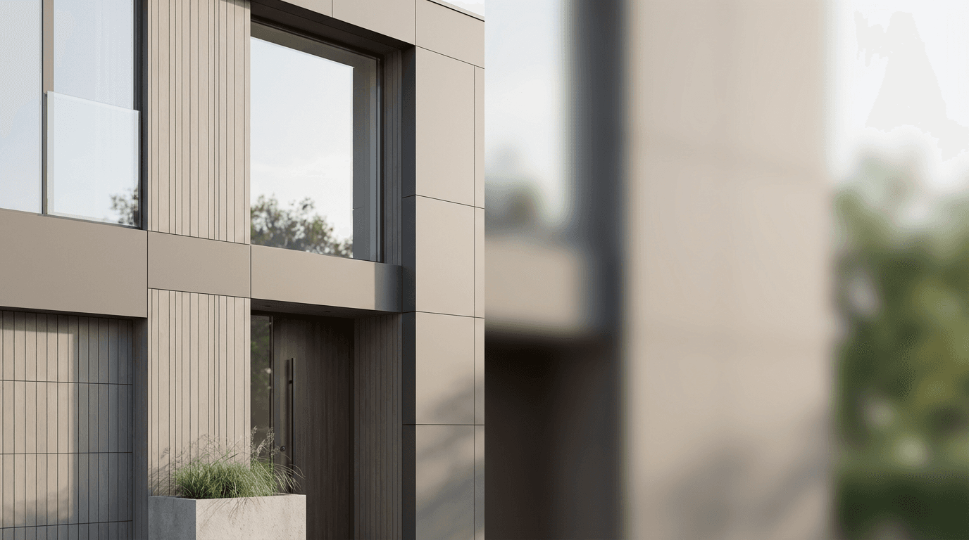 Property consultant standing beside residential home, explaining services